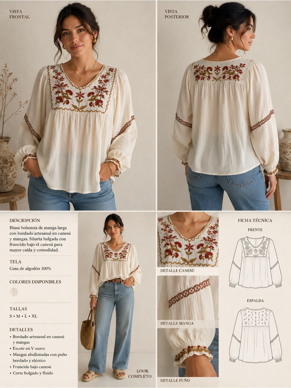 Max Studio Cream Boho Embroidered V-Neck Blouse with Red Floral Detail 100% Cott